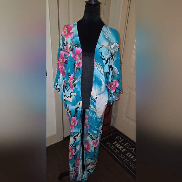 Floral Duster/ Kimono with Cranes, Seigaiha, Happiness, Good Fortune - Picture 1 of 6